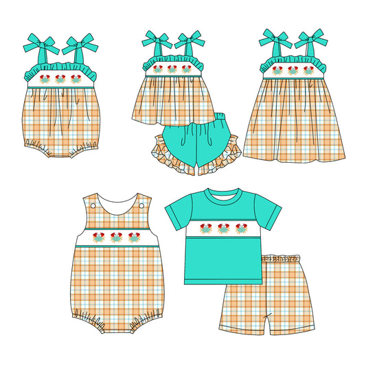 1.13 custom each style moq 5eta 4-6week Sibling Sister crab baby girl short sleeve shorts sets and sets 2 and boy romper and girl romper and dress match design