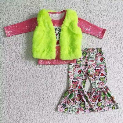 6 A0-13 Fluorescent green plush vest jacket+GLP0283 GIRNCHMAS PINK LONG SLEEVE PANTS SET