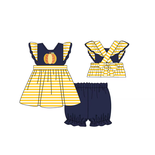 5.10custom each style moq 5eta 4-5week Sibling Sister pumpkin print yellow plaid Navy blue girls and boys set baby and dress match family design