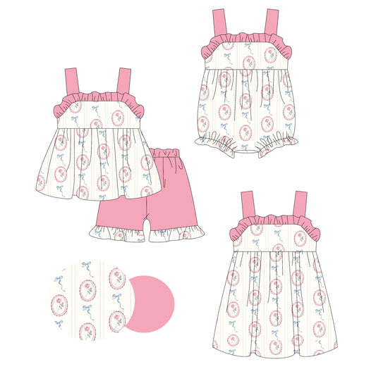 1.23 custom each style moq 5eta 4-6week Sibling Sisters bow floral baby girl short sleeve shorts sets and dress and rompers match family design