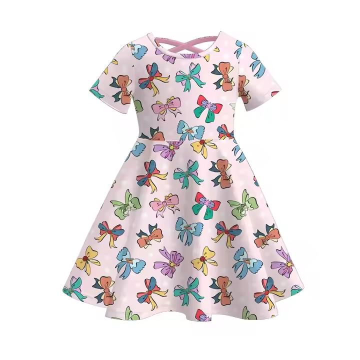 Custom summer baby girls clothes cartoon bow short sleeve dress