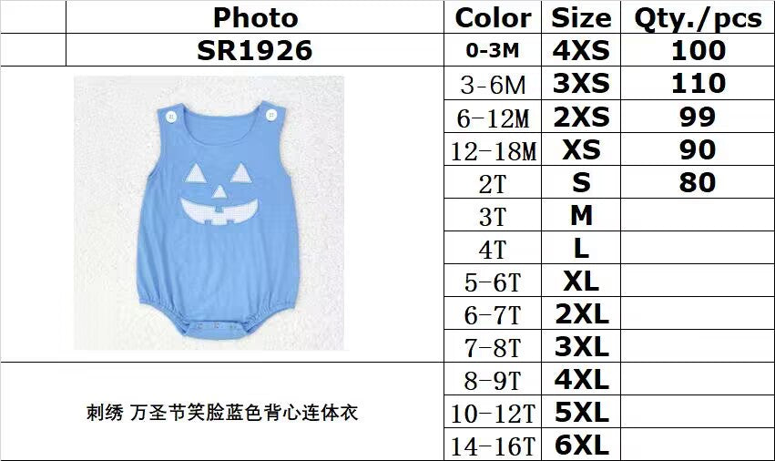 RTS no moq SR1926 Embroidered Halloween smiley face blue vest jumpsuit