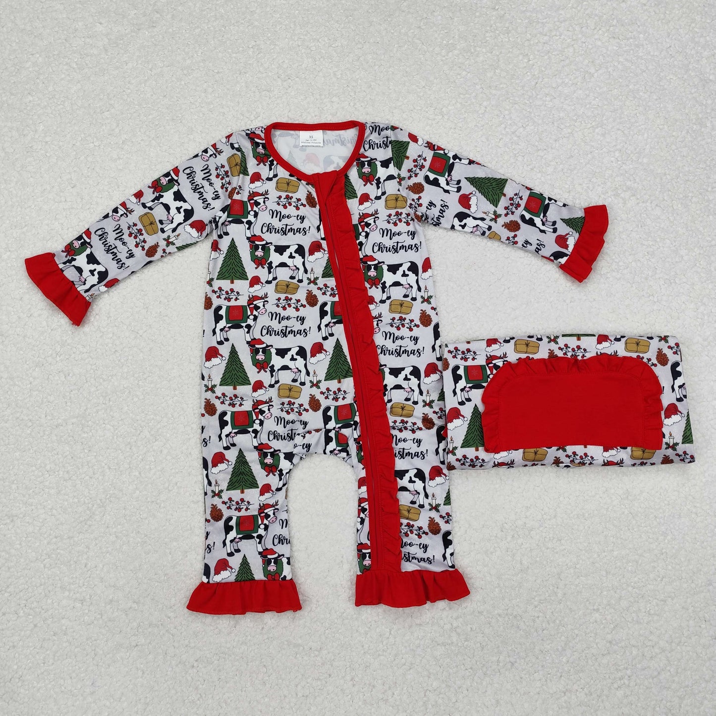 RTS NO MOQ Adult and Baby Girls Christmas Cow Gray And Red Zipper Pajamas Clothes Sets