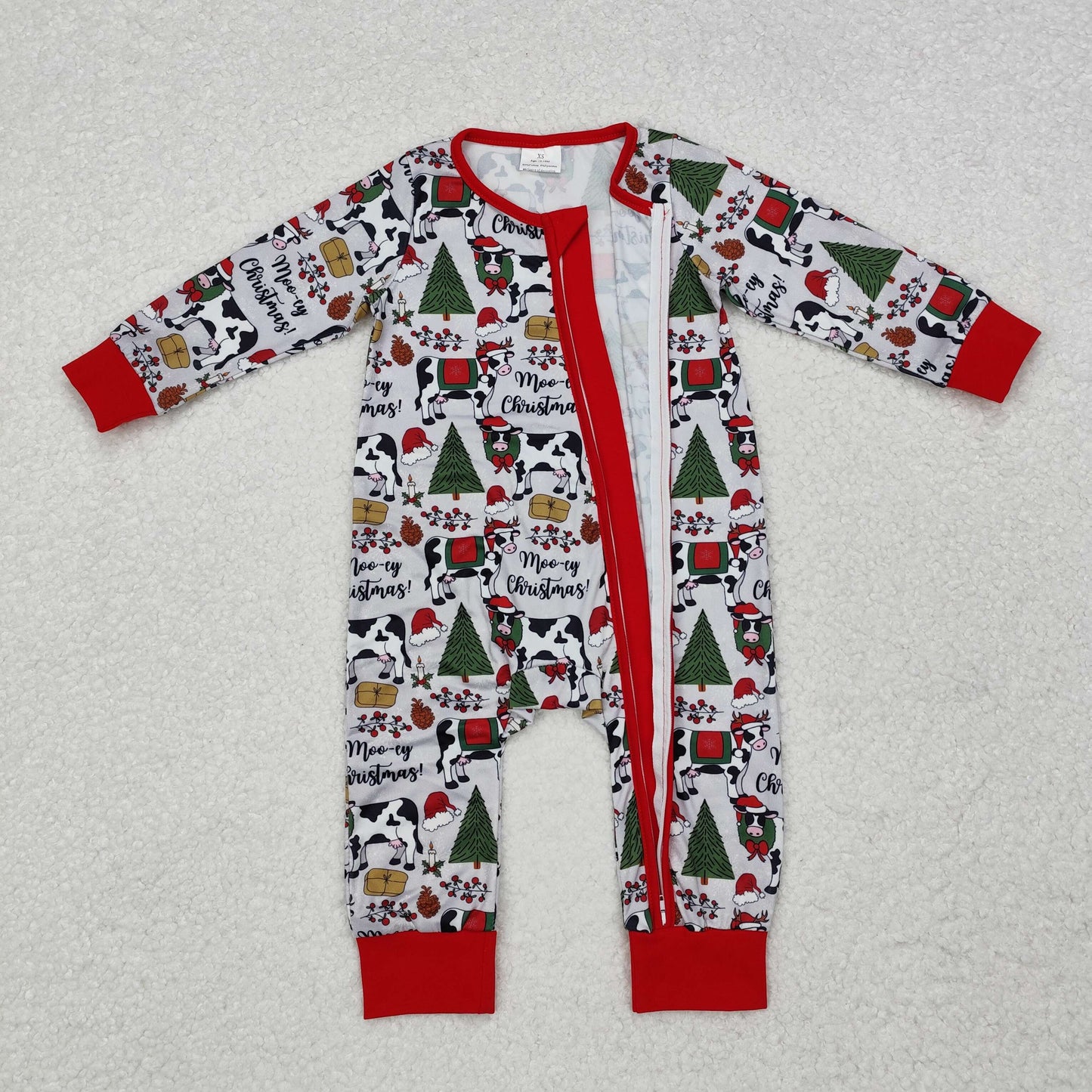 RTS NO MOQ Adult and Baby Girls Christmas Cow Gray And Red Zipper Pajamas Clothes Sets