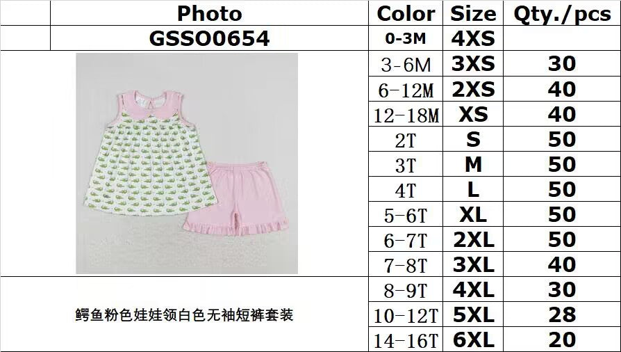 rts no moq GSSO0654 Crocodile Pink Doll Collar White Sleeveless Shorts Set