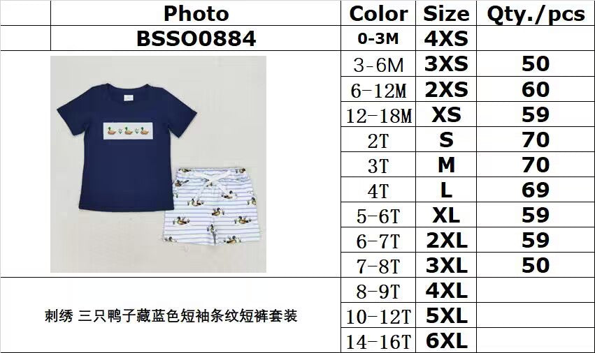 rts no moq BSSO0884 Embroidered three ducks navy blue short sleeve striped shorts set