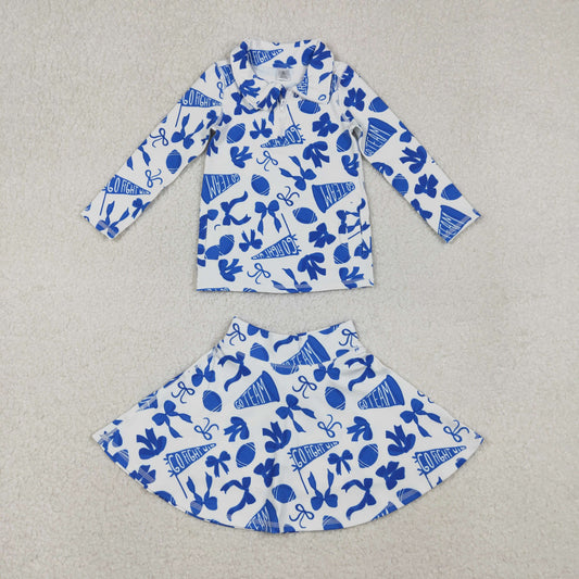 RTS NO MOQ（In Stock) GT1195+GLK0138 Football blue flared bow pattern zippered long-sleeved yoga top skirt set