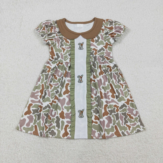 RTS NO MOQ（In Stock ) Embroidered Bow Camouflage Rabbit Lace Peter Pan Collar Short-Sleeve Dress