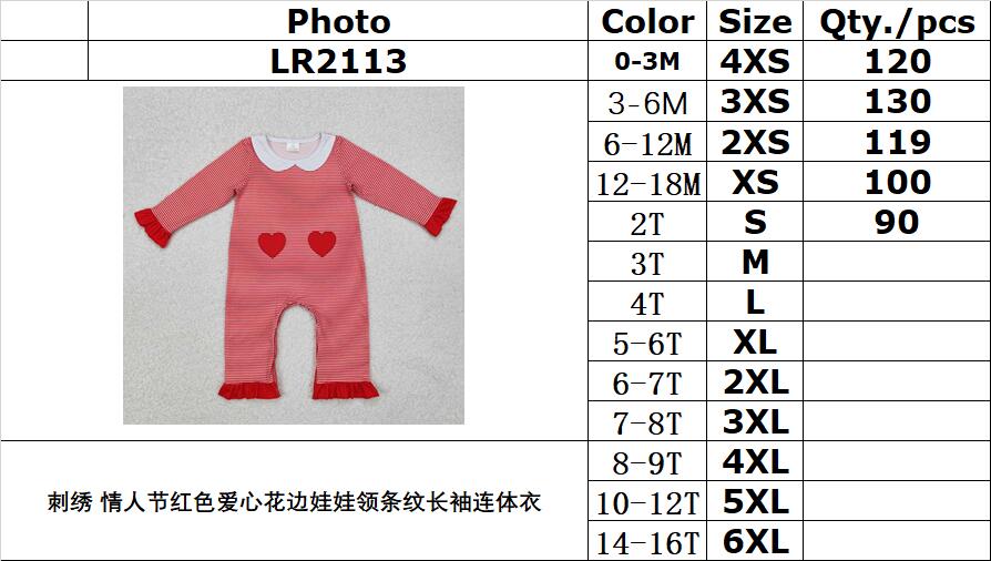 RTS NO MOQ ETA 5/7days arrived LR2113 Embroidered Valentine's Day red love heart lace doll collar striped long sleeve jumpsuit