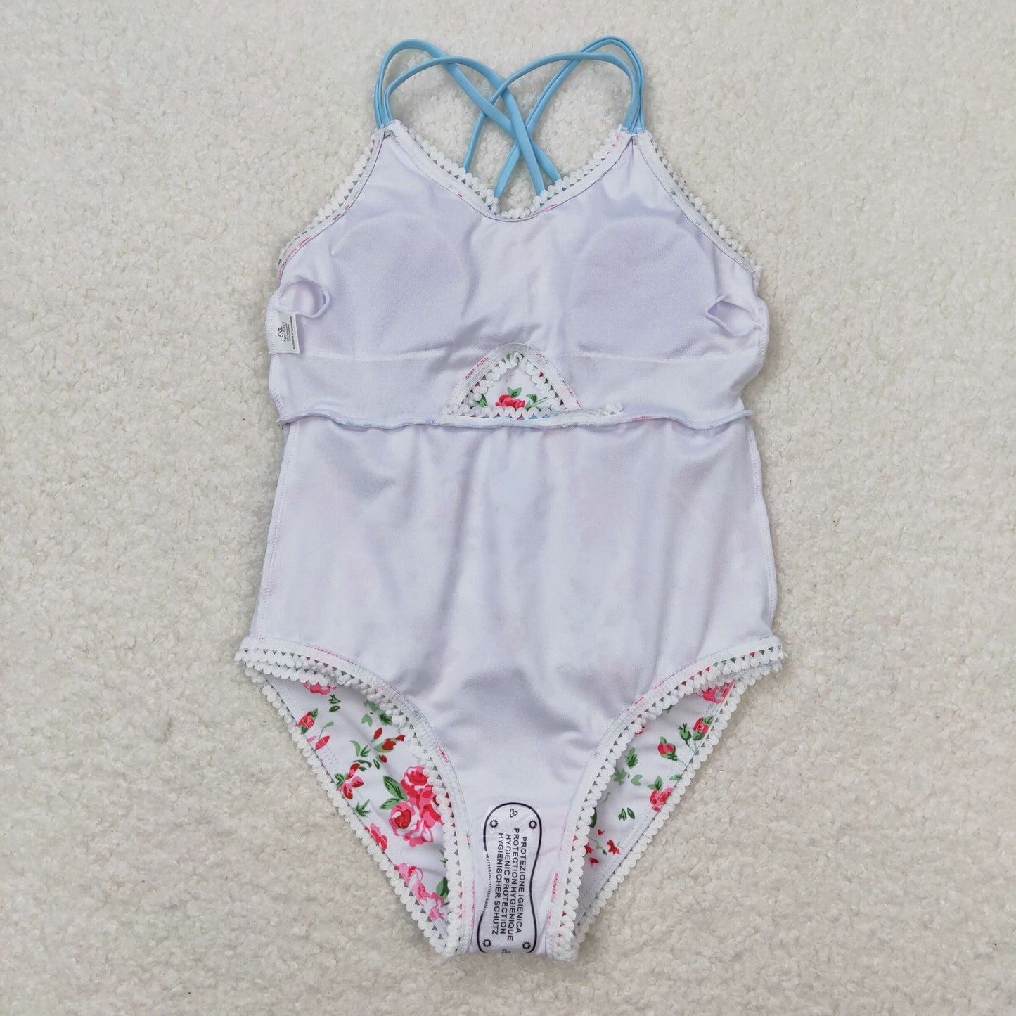 S0248 Floral striped lace blue and white suspender one-piece swimsuit