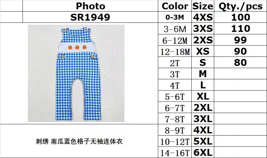 RTS no moq SR1949 Embroidery pumpkin blue plaid sleeveless jumpsuit