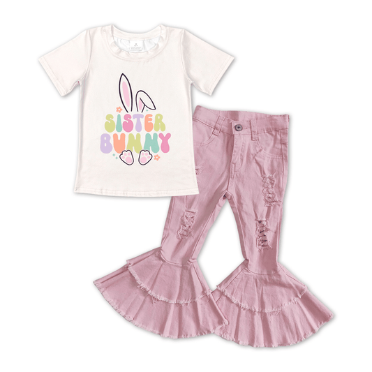 P0005 Pink double lace ripped denim trousers+GT0394 sister bunny beige short-sleeved top