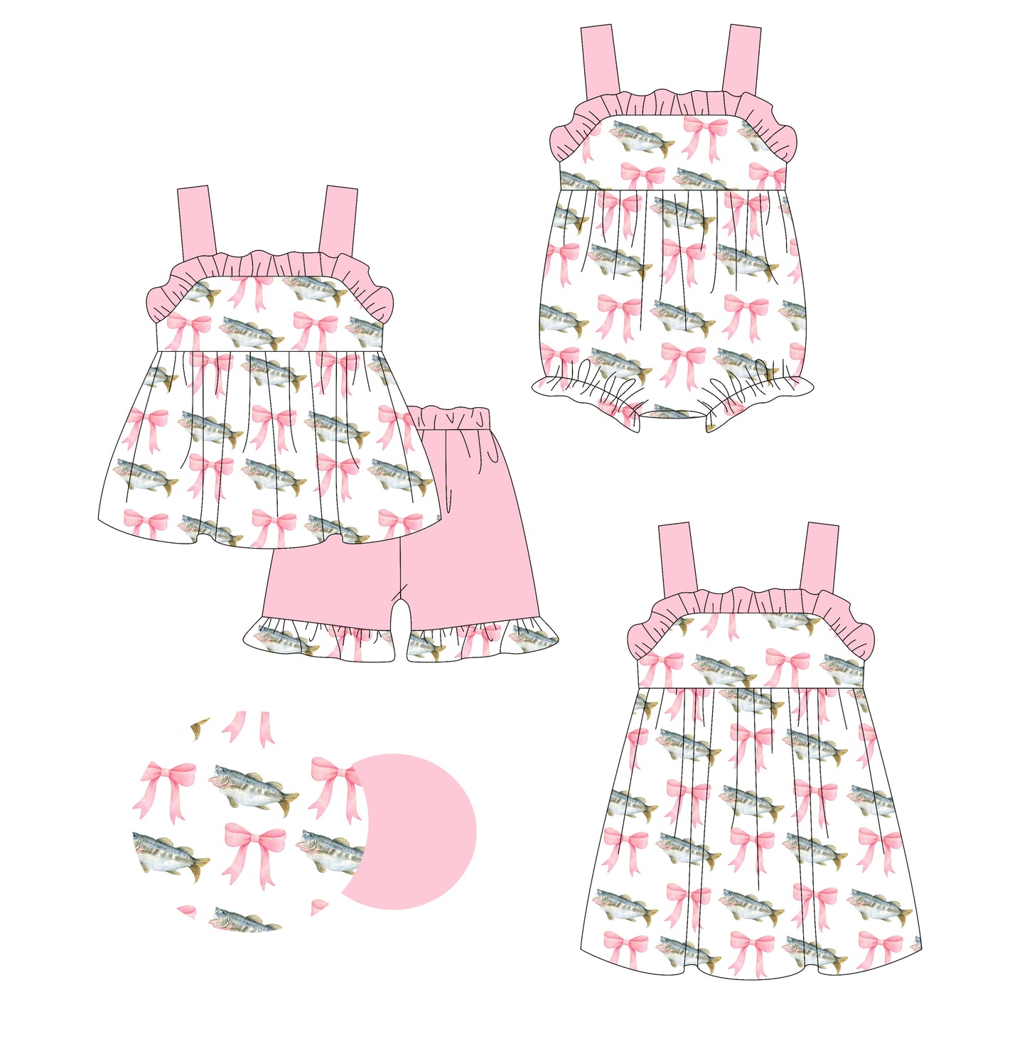 1.23 custom each style moq 5eta 4-6week Sibling Sisters bow fish baby girl short sleeve shorts sets and dress and rompers match family design