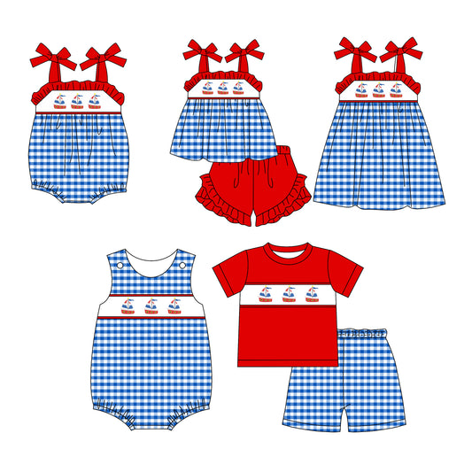 1.13 custom each style moq 5eta 4-6week Sibling Sister boat baby girl short sleeve shorts sets and sets 2 and boy romper and girl romper and dress match design