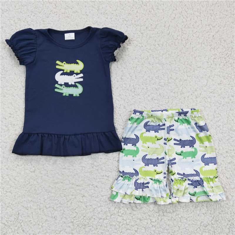 Baby Girls boys cartoon Crocodile print Navy blue boys and girls set Family siblings set