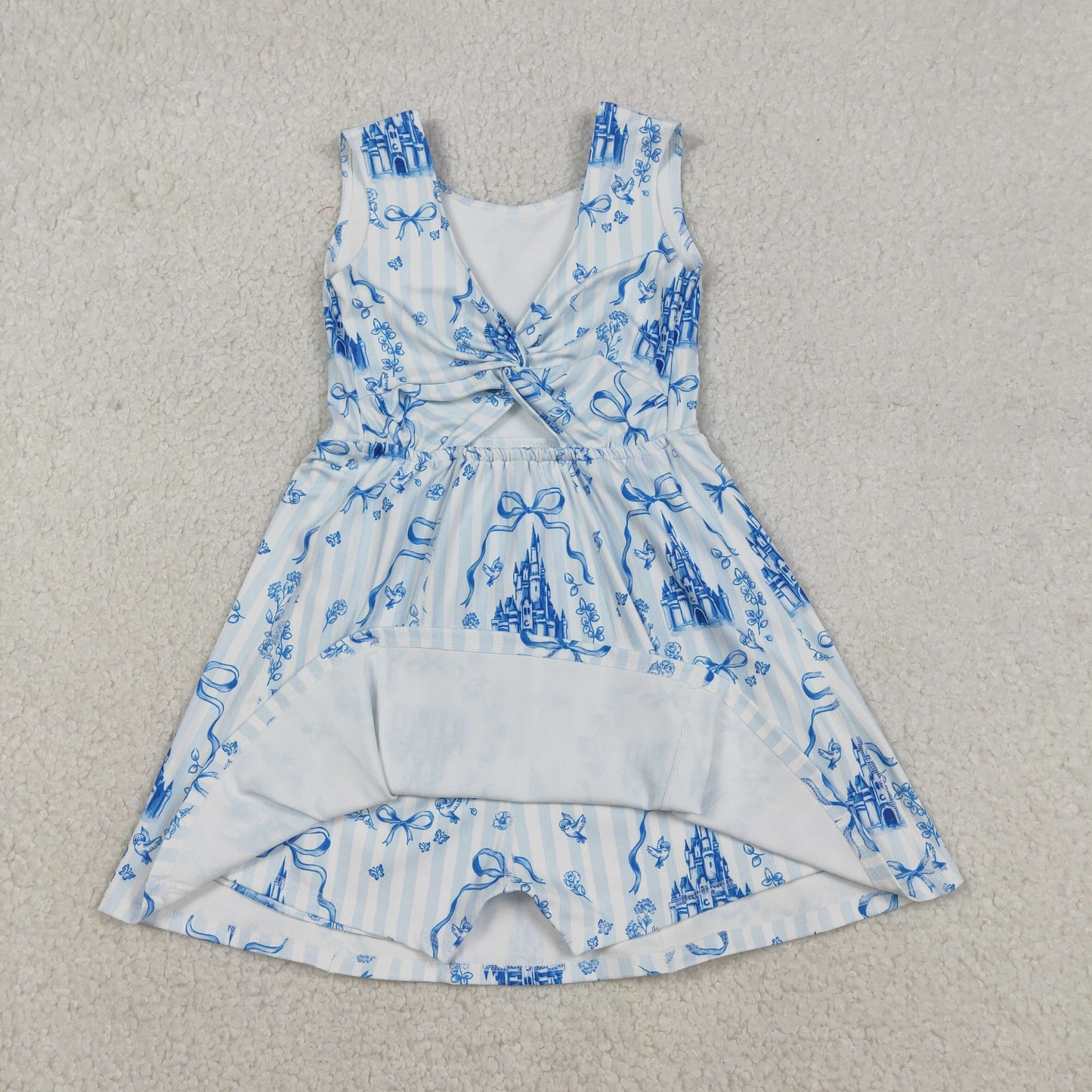 RTS NO MOQ（In Stock) Bow Pattern Castle Blue Striped Yoga Sleeveless Dress