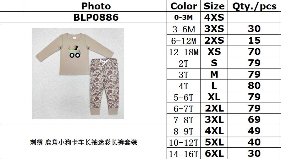 RTS NO MOQ ETA 5/7days Arrived BLP0886 Embroidered deer horn puppy truck long sleeve camouflage pants suit