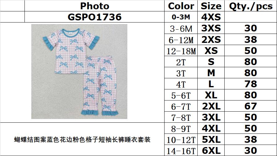 RTS NO MOQ ETA 5/7days Arrived GSPO1736 Bow pattern blue lace pink plaid short-sleeved trousers pajama set
