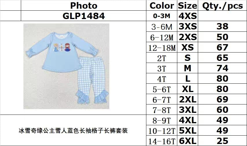 RTS NO MOQ ETA 5/7days GLP1484 Frozen princess snowman blue long sleeve plaid trousers set