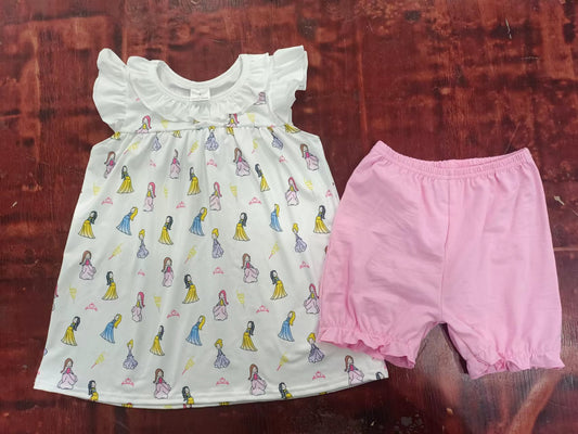 custom moq 5 eta 5weeks mix size Summer girls disney princess flying sleeve pink shorts suit