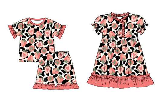 1.3 custom each style moq 5eta 4-6week Sibling Sister strawberry baby girl short sleeve shorts sets and dresses match design