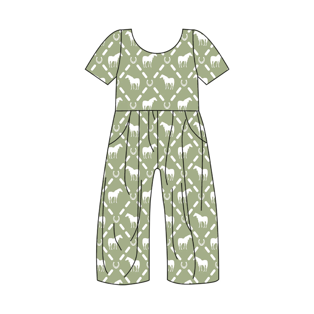 5.2custom each style moq 5eta 4-5week Sibling Sister horse prints green girls jumpsuits and dress and baby romper match family design