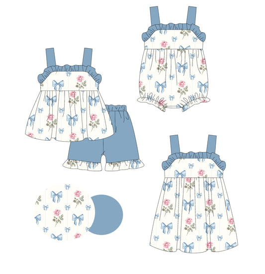 1.23 custom each style moq 5eta 4-6week Sibling Sisters bow floral baby girl short sleeve shorts sets and dress and rompers match family design