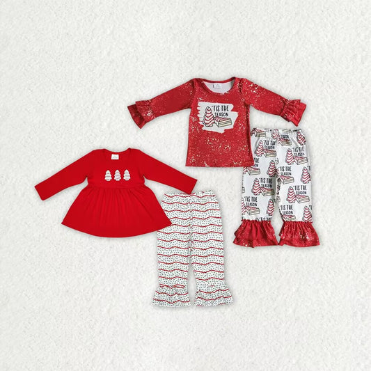 RTS NO MOQ Red long-sleeved suit with wooden stripes and Christmas tree pattern