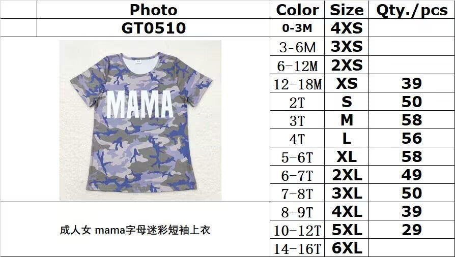 GT0510 Adult women's mama lettering camouflage short-sleeved top