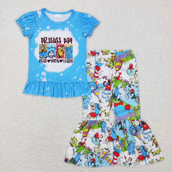 RTS NO MOQ dr seuss Blue Short Sleeve Pants Suit