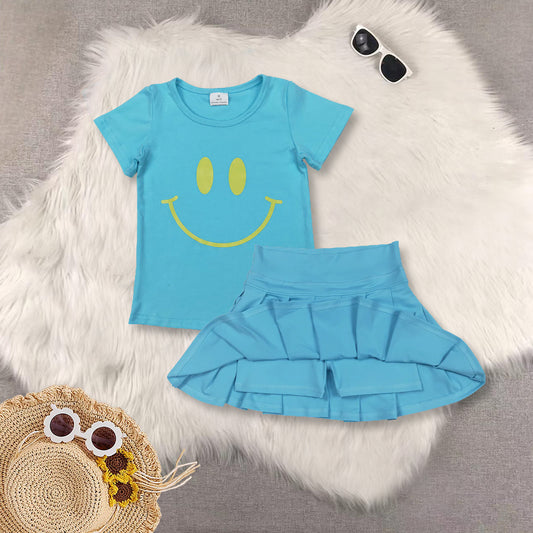 RTS NO MOQ Sibling baby girls clothes smiley blue short sleeve short skirts sets and Top and yoga skirts