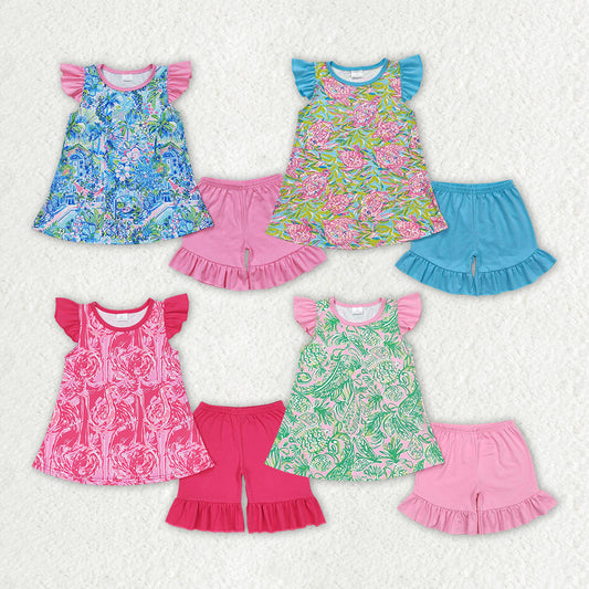 RTS NO MOQ Baby Girl Summer Pattern Short Sleeve Shorts Sets