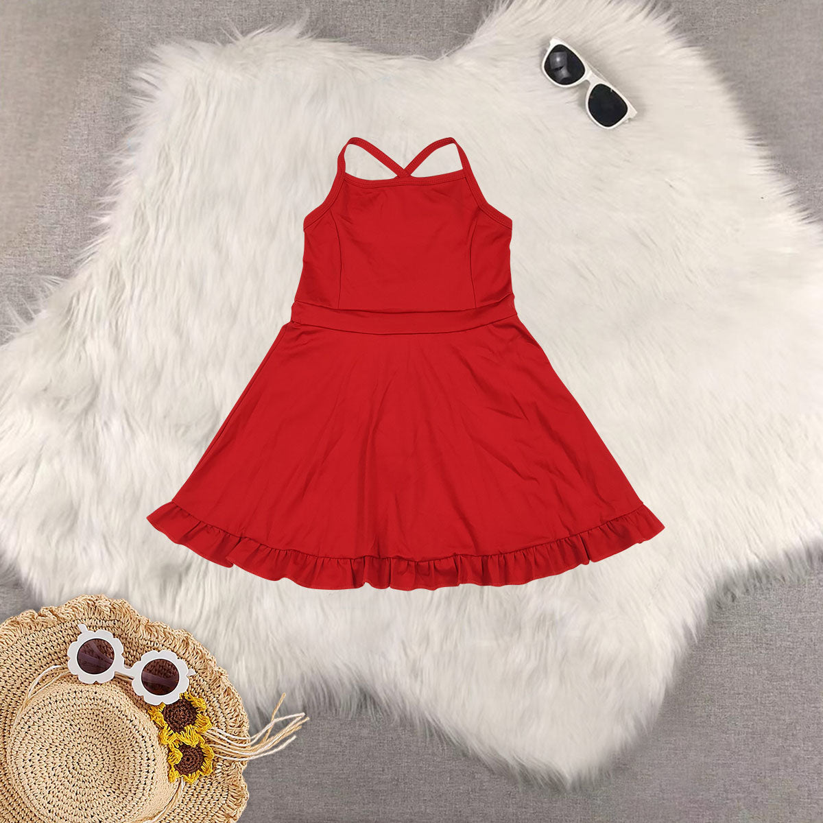 RTS NO MOQ baby girl clothes Solid red sportswear skirt swimsuit