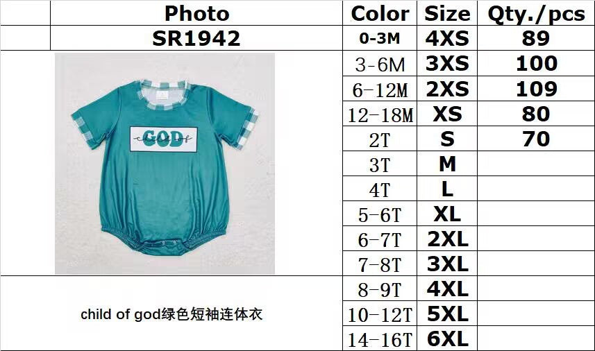 RTS no moq SR1942 child of god green short-sleeved jumpsuit