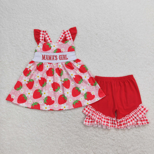 GSSO0835 mama's girl embroidered letter flower strawberry flying sleeve shorts suit