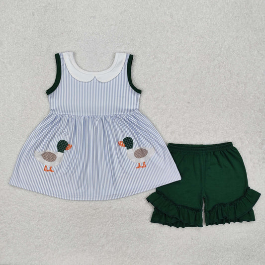 RTS NO MOQ ETA 5/7days Arrived GSSO1658 Duck doll collar blue striped sleeveless green shorts set