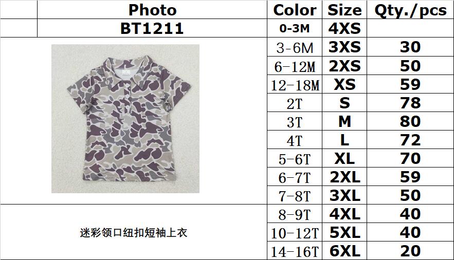 RTS NO MOQ BT1211 Camouflage collar button short sleeve top