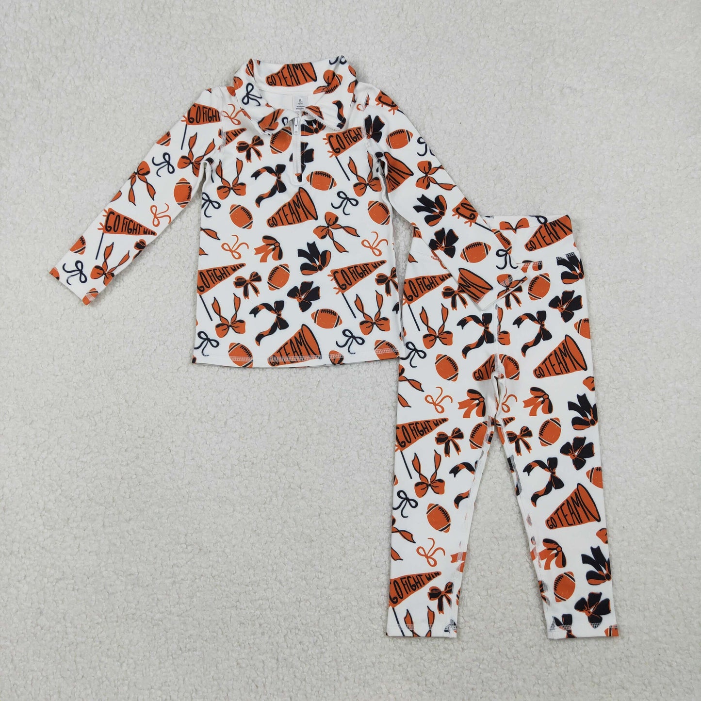 RTS NO MOQ（In Stock) GT1197+P0847 Orange football flared bow pattern zippered yoga long-sleeved top pants set