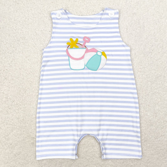 RTS NO MOQ（In Stock) Embroidered beach ball starfish bucket blue and white striped sleeveless jumpsuit