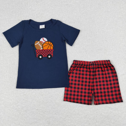 BSSO0424 Embroidery Basketball Baseball Football Cart Navy Blue Short Sleeve Red and Black Plaid Shorts Suit