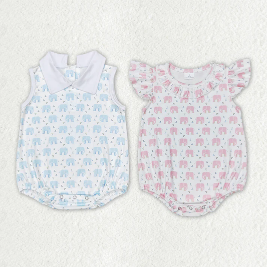 RTS NO MOQ Baby Infant Girls Boys Sibling Elephant Flutter Sleeve Rompers