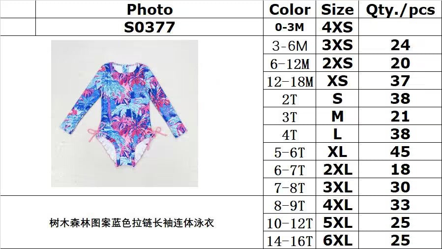 rts no moq S0377 Blue zippered long-sleeved swimsuit with tree and forest pattern