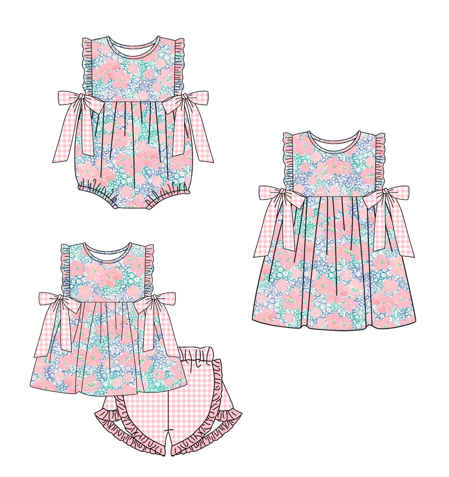 1.7 custom each style moq 5eta 4-6week Sibling Sister floral baby girl short sleeve shorts sets and dress and rompers match family design