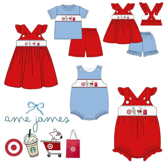 5.10custom each style moq 5eta 4-5week Sibling Sister shopping puppy prints red and blue girls and boys outfits and baby romper match family design