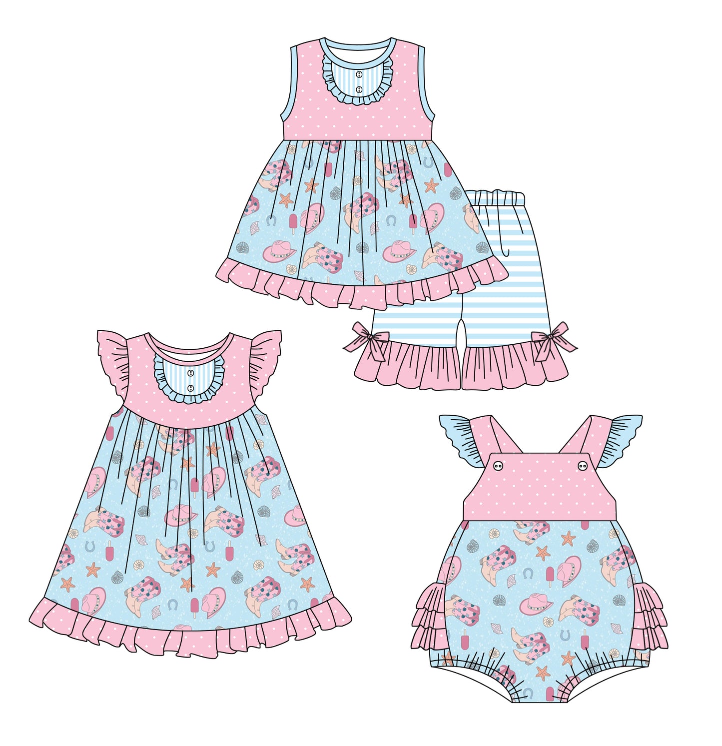 1.3 custom each style moq 5eta 4-6week Sibling Sistes boots hats aby girl short sleeve shorts sets and dress and rompers match family design