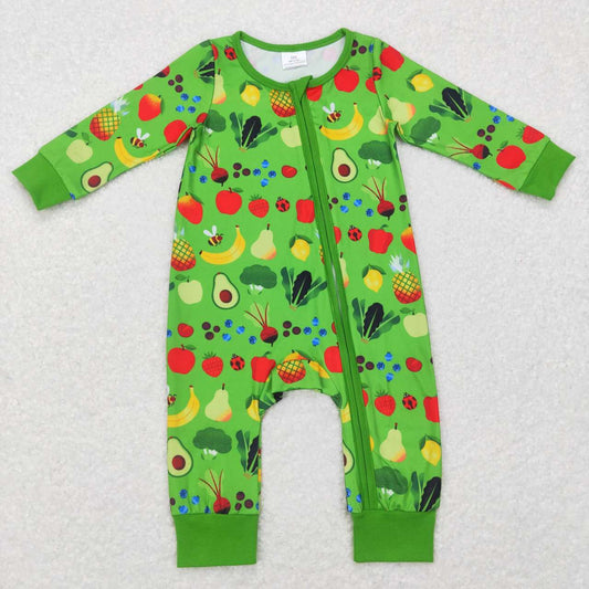 LR0781 Green zippered long-sleeved jumpsuit with vegetable and fruit patterns