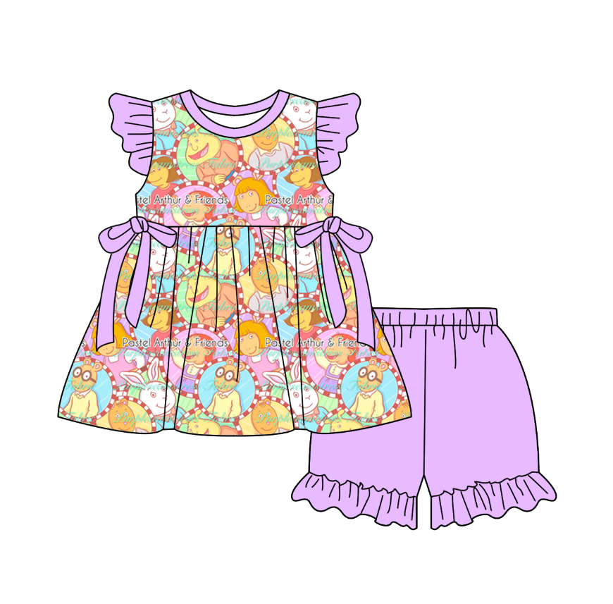 Custom moq 5 mix size milk silk baby girl boy clothes cartoon short sleeve shorts sets 2 and dresses and top