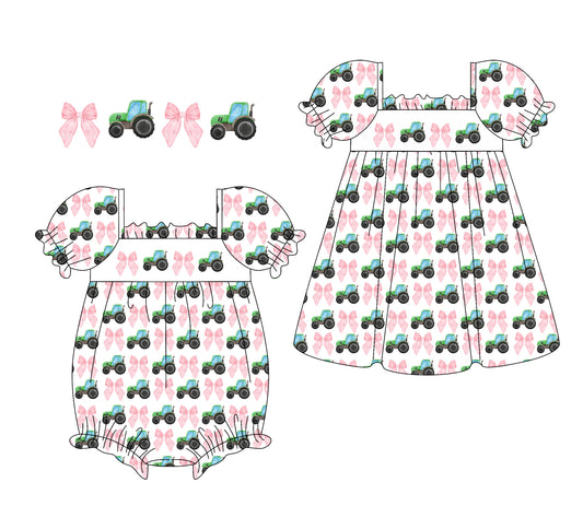 1.23 custom each style moq 5eta 4-6week Sibling Sister tractor bow baby girl short sleeve dress and romper match family design