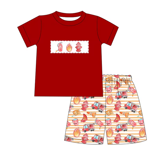 5.14custom each style moq 5eta 4-5week Sibling Sister Fire equipment print red boys outfit match family design