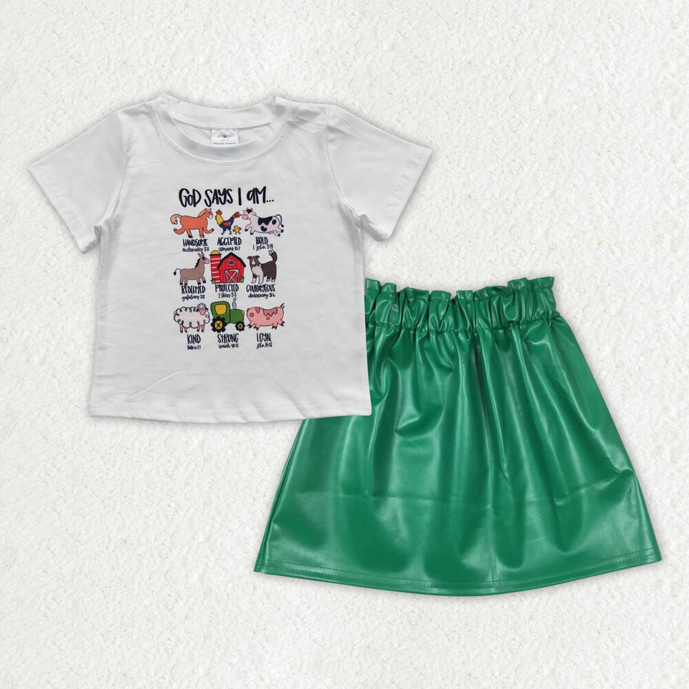 BT0373+GLK0018 god says farm animals red house short sleeve top green leather skirt